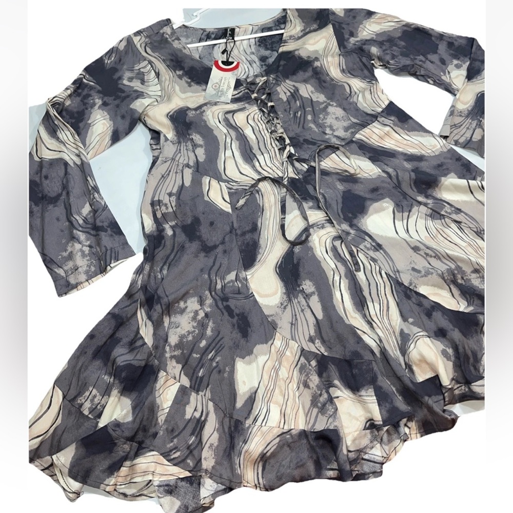 Sacred Threads GRAY White swirl DRESS corset tie front Rayon Flared 221842 NEW S